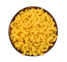 Closeup of dry elbow macaroni pasta in wooden bowl. Isolated image