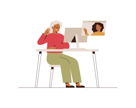 Senior woman has a video call with her adult daughter. Happy grandmother makes online conversation with her grandchild at the computer. Family web communication. Vector illustration