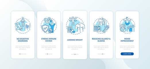 Probiotics benefits onboarding mobile app page screen with concepts. No digestive disorders, strong immunity walkthrough 5 steps graphic instructions. UI vector template with RGB color illustrations