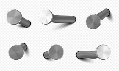 Nails hammered into wall, steel or silver pin heads, straight and bent metal hardware spikes or hobnails with grey caps top view isolated on transparent background. Realistic 3d vector icons set - obrazy, fototapety, plakaty