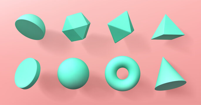 Geometric 3d shapes hemisphere, octahedron, sphere and torus, cone, cylinder and pyramid with icosahedron. Basic voluminous geometry figures for education, Realistic vector illustration, icons set