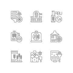 Beer production technology pixel perfect linear icons set. Alcohol by volume. Malted barley brewing. Customizable thin line contour symbols. Isolated vector outline illustrations. Editable stroke