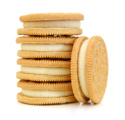 A neat stack of vanilla sandwich cookies