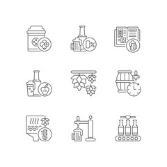 Brewing beer process pixel perfect linear icons set. Industrial production of alcoholic drinks. Customizable thin line contour symbols. Isolated vector outline illustrations. Editable stroke