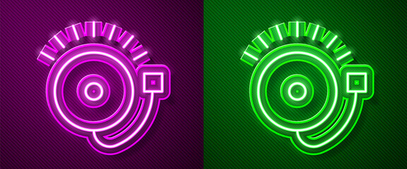 Glowing neon line Ringing alarm bell icon isolated on purple and green background. Fire alarm system. Service bell, handbell sign, notification symbol. Vector.