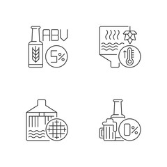 Brewery pixel perfect linear icons set. Alcohol by volume in bottled drink. Brewing beer process. Customizable thin line contour symbols. Isolated vector outline illustrations. Editable stroke