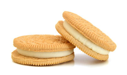 A neat stack of vanilla sandwich cookies