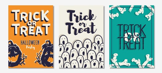 Colored halloween party invitation, banner, poster or postcard with scary horrible pumpkin, ghost and bones illustrations for october holiday design