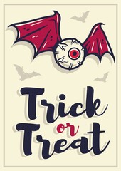 Colored halloween party invitation, banner, poster or postcard with scary horrible eyeball with wings and horror eyes illustrations for october holiday design