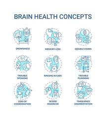 Brain health turquoise concept icons set. Lack of sleep. Memory loss. Double vision. Health care idea thin line RGB color illustrations. Vector isolated outline drawings. Editable stroke