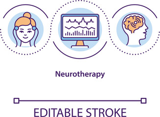 Neurotherapy concept icon. Neurological research, EEG test idea thin line illustration. Brain activity monitoring, checking neurofeedback. Vector isolated outline RGB color drawing. Editable stroke