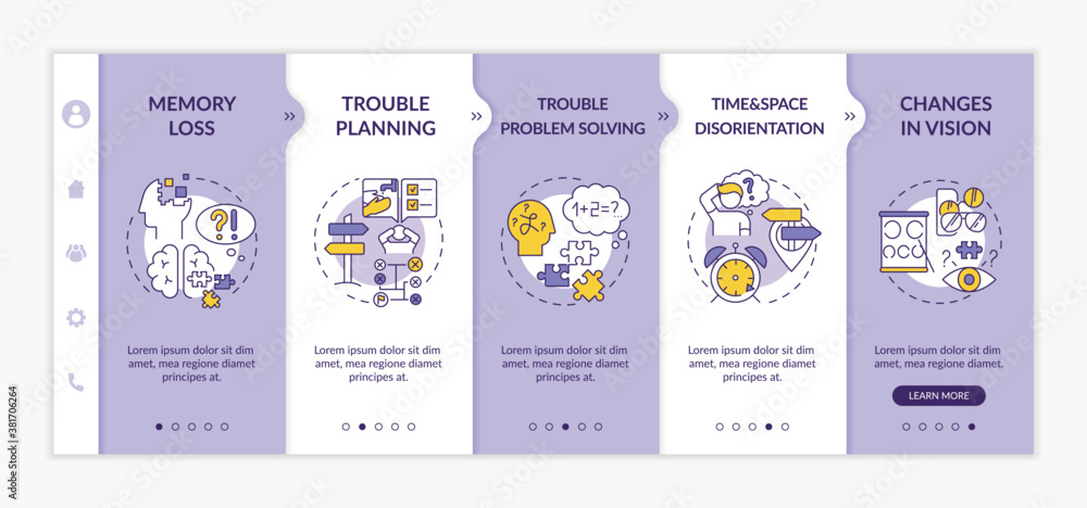 Poster symptoms of dementia onboarding vector template. signs of alzheimer. brain health. neurology issue. 