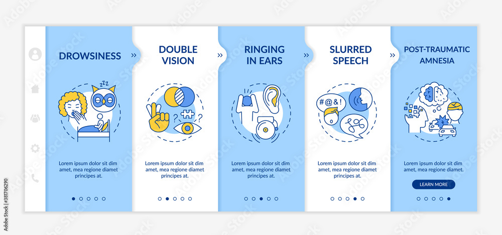 Poster head injury onboarding vector template. ringing in ears. slurred speech. post traumatic amnesia. res