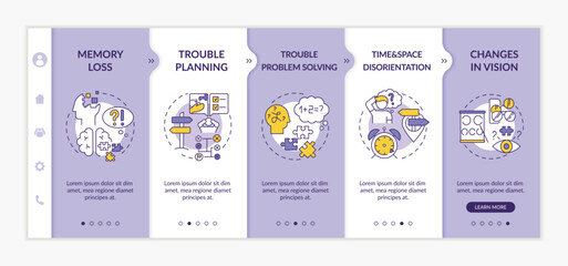 Symptoms of dementia onboarding vector template. Signs of Alzheimer. Brain health. Neurology issue. Responsive mobile website with icons. Webpage walkthrough step screens. RGB color concept