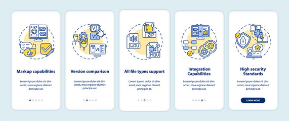 Online proofing software features onboarding mobile app page screen with concepts. Markup, integration capabilities 5 steps graphic instructions. UI vector template with RGB color illustrations