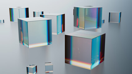 Abstract glass composition. 3d render of geometric shapes made of reflective and refractive material. Dispersion effects.