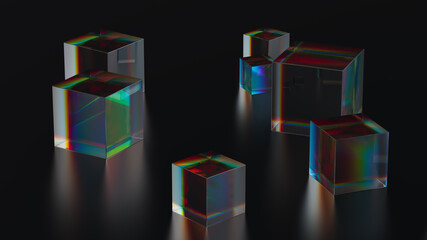 Abstract glass composition. 3d render of geometric shapes made of reflective and refractive material. Dispersion effects. - 381706498