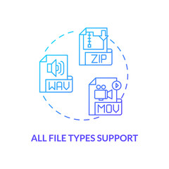 All file types support concept icon. Software feature idea thin line illustration. Supported media, audio, archive formats. Program and data files. Vector isolated outline RGB color drawing