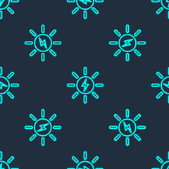 Green line Solar energy panel icon isolated seamless pattern on blue background. Sun with lightning symbol. Vector.