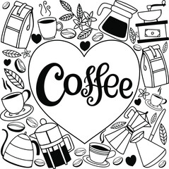 Hand lettering coffee in a heart with coffee accessories, appliances, leaves and grains.