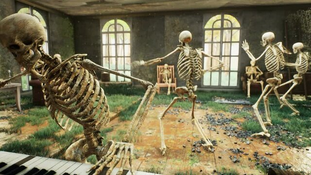 Seamless animation of skeletons playing the piano and dancing during Halloween in a horror house. The concept of a post-apocalyptic world or Halloween horror.