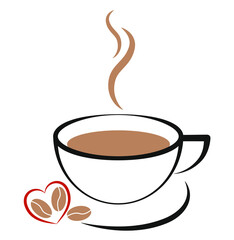 Cup of hot coffee icon. Cup with smoke and the image of coffee grain sign