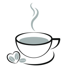 Cup of hot coffee icon. Cup with smoke and the image of coffee grain sign