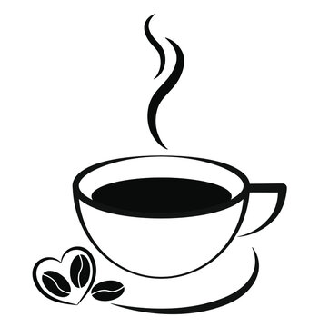 Cup of hot coffee icon. Cup with smoke and the image of coffee grain sign