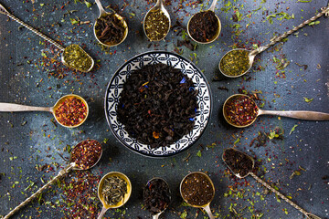 Set of tea on the vintage silverware spoons, , various of tea