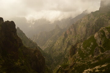 The dramatic, misty and beautiful mountain landscape of Madeira Island in Portugal