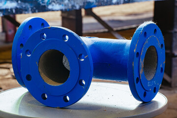 Cast metal pipe T shape connection with flange on gray table
