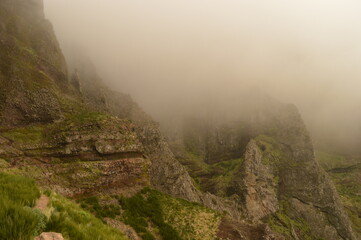 The dramatic, misty and beautiful mountain landscape of Madeira Island in Portugal
