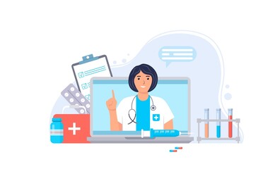 Doctor online. Medical services. Ask your doctor. Online medical consultation and support concept. Female character with stethoscope and medical supplies on laptop screen. Vector illustration.