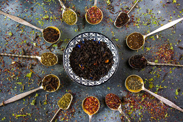 Set of tea on the vintage silverware spoons, , various of tea