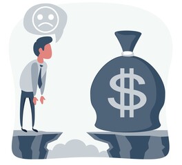 Businessman in front of a gap and looking for the money bag. Goal achievement concept. Vector illustration. Flat design.