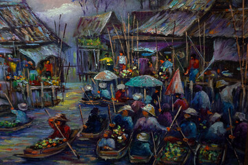        Art painting Oil color Floating market Thailand , countryside , rural life , rural thailand