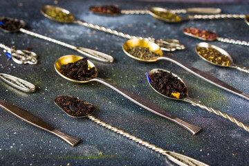 Set of tea on the vintage silverware spoons, , various of tea