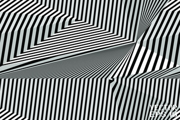 Abstract Seamless Black and White Geometric Pattern with Stripes. Optical Psychedelic Illusion. Contrasting Textured Volumetric Surface. Vector. 3D Illustration