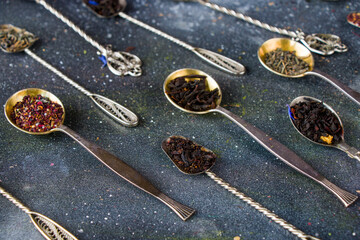 Set of tea on the vintage silverware spoons, , various of tea