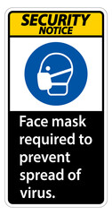 Security Notice Face mask required to prevent spread of virus sign on white background