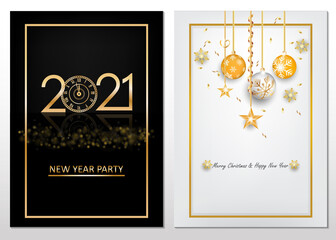 Merry Christmas and Happy New Year  2021 Background. Gold text design. Dark vector greeting illustration with golden numbers and snowflakes.