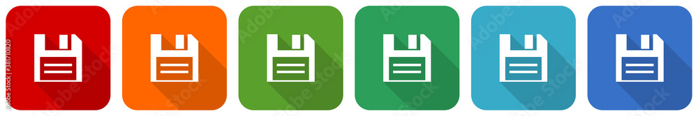 Poster Disk, save icon set, flat design vector illustration in 6 colors options for webdesign and mobile applications