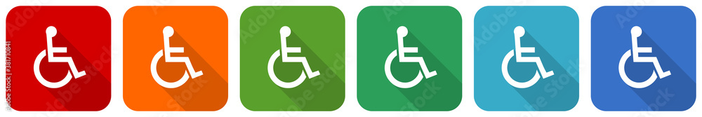 Poster wheelchair icon set, flat design vector illustration in 6 colors options for webdesign and mobile ap