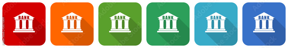 Poster Bank icon set, flat design vector illustration in 6 colors options for webdesign and mobile applications