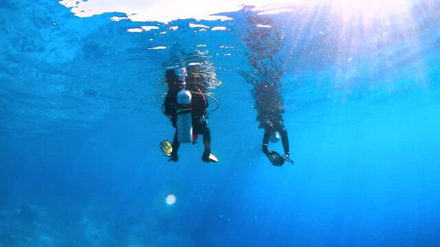 Two Scuba Divers Surface for Air in the Ocean as the Sun Glares through the water, Underwater View, Philippines