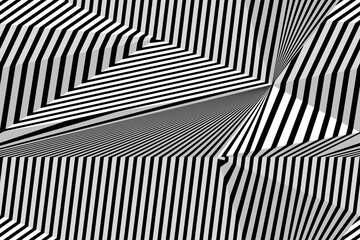 Abstract Seamless Black and White Geometric Pattern with Stripes. Optical Psychedelic Illusion. Contrasting Textured Volumetric Surface. Raster. 3D Illustration