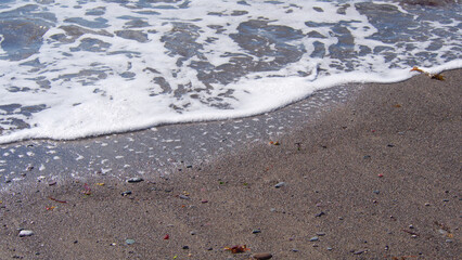 Fototapeta na wymiar Waves reaching the shore, with sand, sea foam, small stones and seaweed