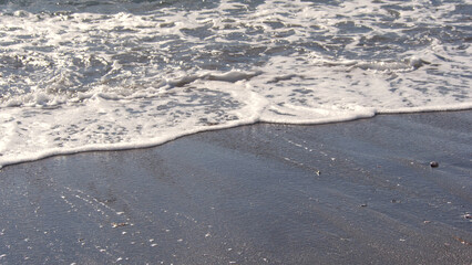 Waves reaching the shore, with sand, sea foam, small stones and seaweed