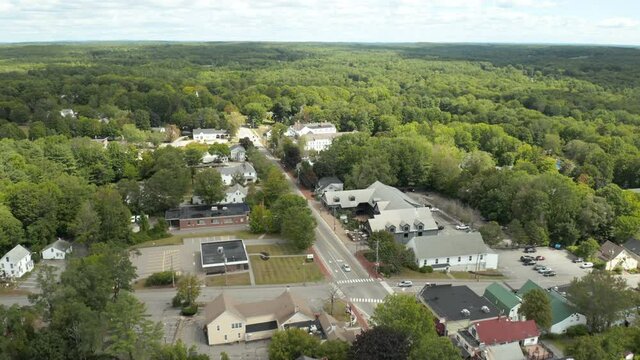 Fly Over Aerial Drone Footage at Freeport Downtown Maine, USA