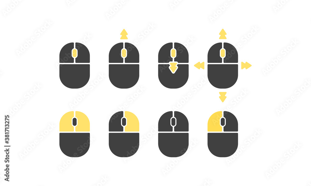 Poster computer mouse icon set. left and right clicks, scroll wheel symbols. vector on isolated white backg